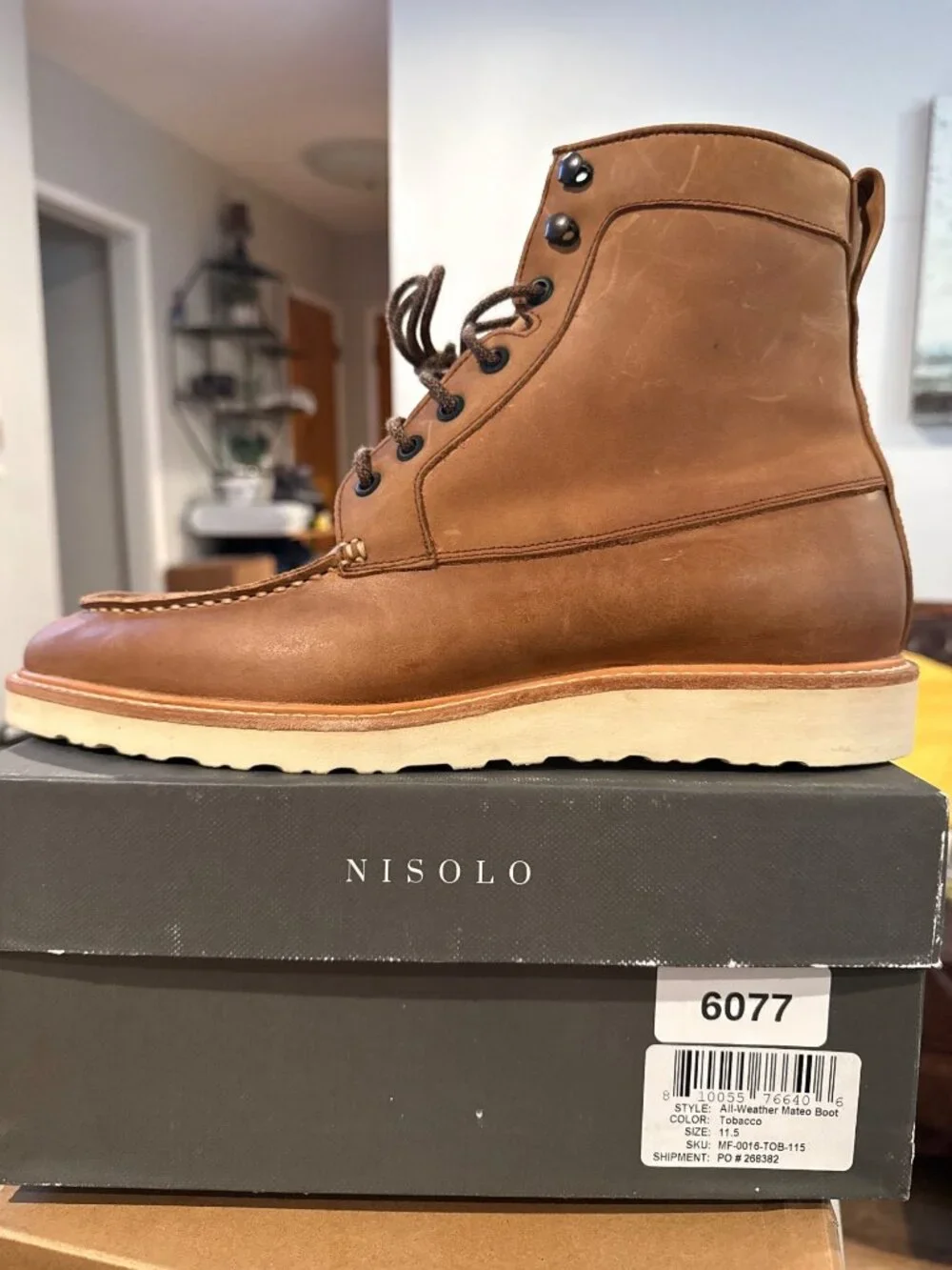 Nisolo Men's 11.5 All Weather Leather Moc Toe Wedge Sole Boots Tobacco New
